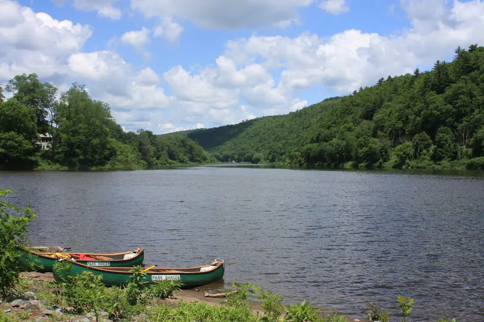 Canoes at a river access on the Upper Delaware Scenic and Recreational River
