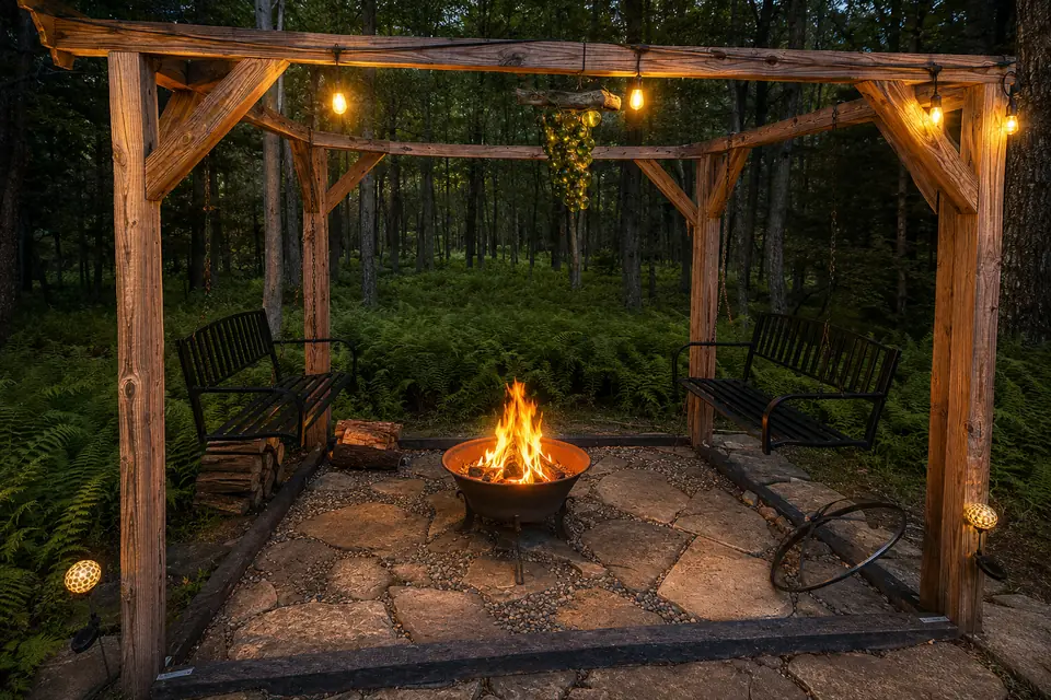 Fire pit glowing under the string lit timber pergola in the evening