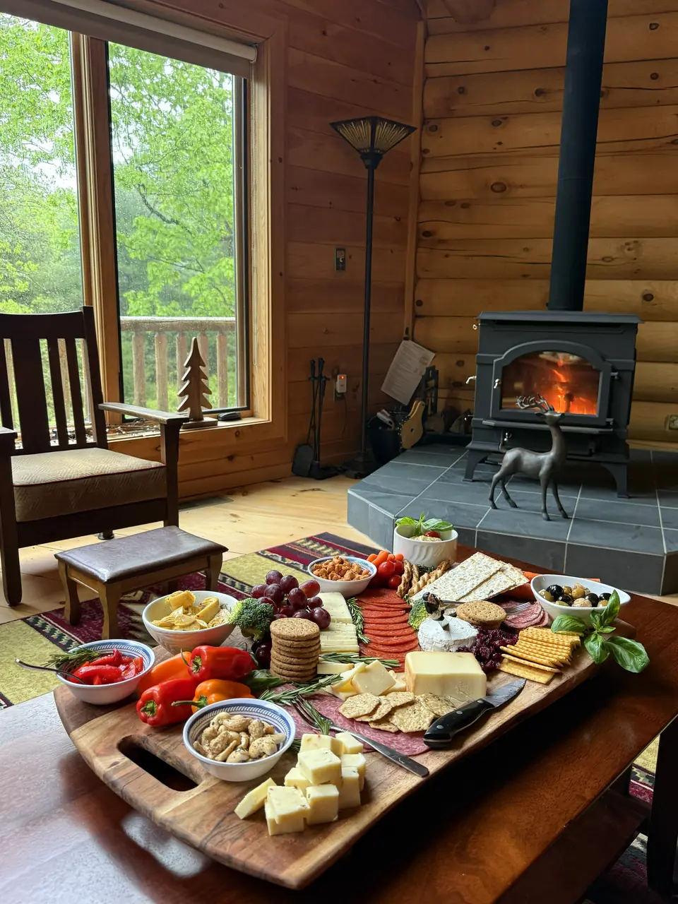Charcuterie board by the wood burning stove